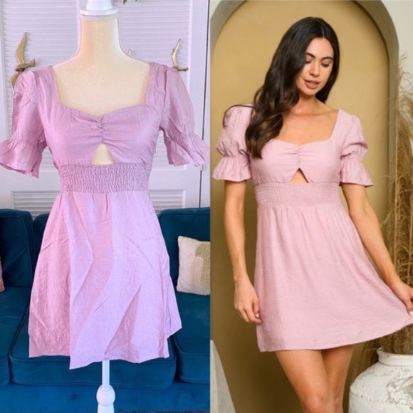 Fanco Francesca Mauve Milkmaid Mini Dress Cut Out Puff Sleeve Smocked New Small - Picture 1 of 14
